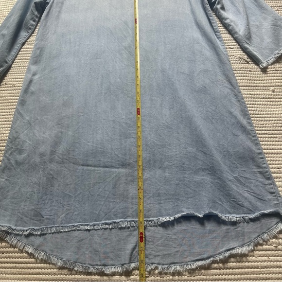 Lyocell Denim Shift Dress Frayed Hem Boho Mini Soft Chambray - Picture 2 of 6